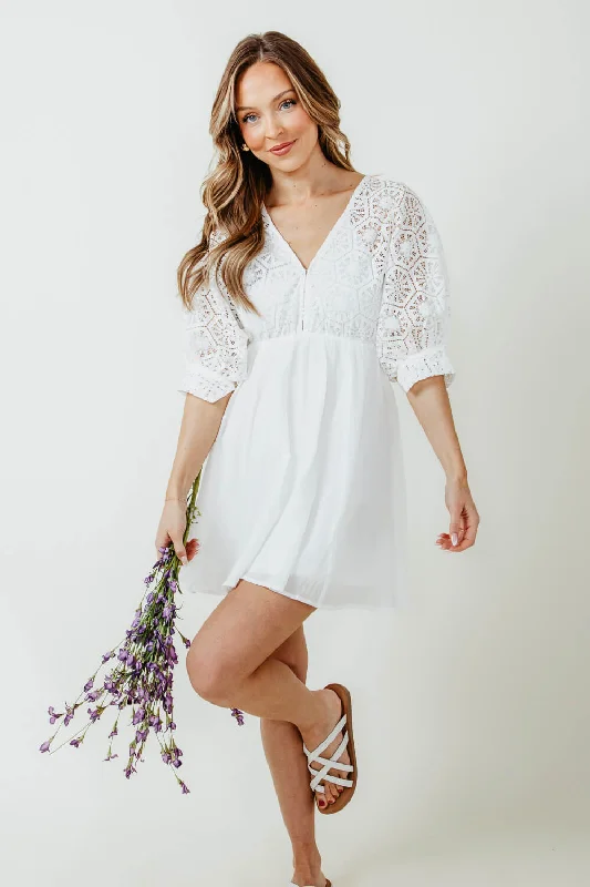 Crochet Top Mini Dress for Women in White | LD44148-WHITE Cozy Cowl Neck Mini Dress