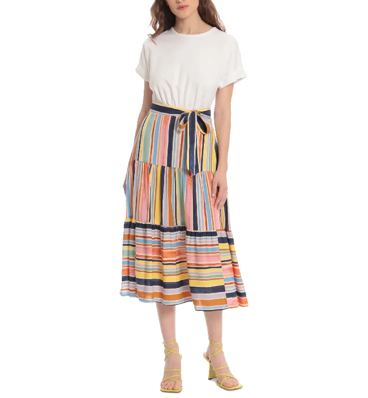 Donna Morgan Striped Skirt Midi Dress Elegant Lace Trim Midi Dress