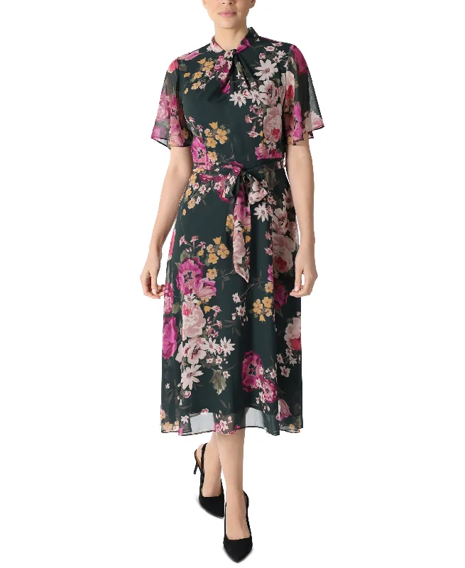 Donna Ricco Printed Flutter Sleeve Midi Dress Comfortable Lace-Up Midi Dress