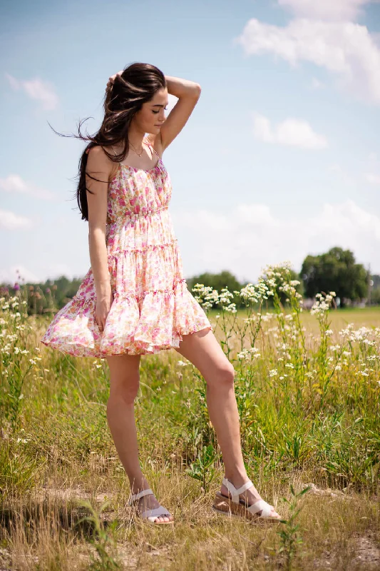 Floral Tiered Mini Dress for Women in Ivory Pink | CR1956F-IVORYPINK Classic Floral Mini Dress