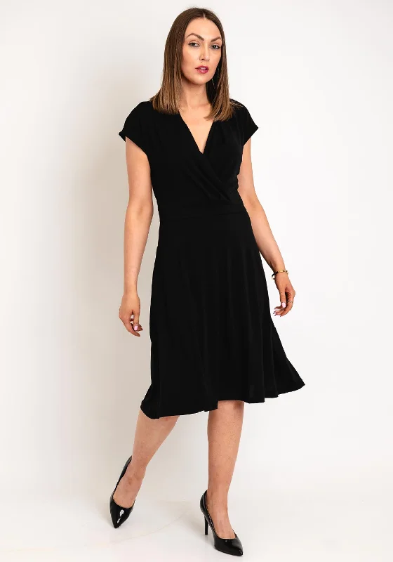 FREEQUENT V-Neck A-Line Midi Dress, Black Trendy Square Neck Midi Dress