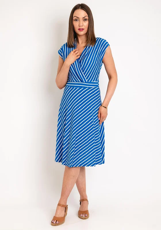 FREEQUENT V-Neck Striped A-Line Midi Dress, Blue Fashionable Sheer Sleeve Midi Dress