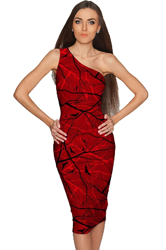 Full Moon Layla Red Goth Fall Bat Print Alt Bodycon Midi Dress - Women Comfortable Knitwear Midi Dress