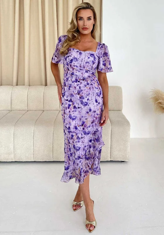 Girl In Mind Heidi Floral Ruched Midi Dress, Purple Fashionable Wide Leg Midi Dress