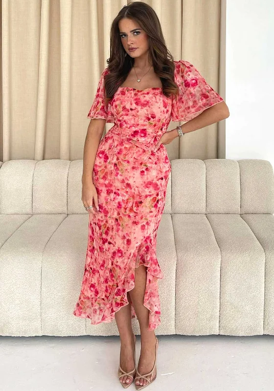 Girl In Mind Heidi Floral Ruched Midi Dress, Pink & Red Elegant Lace Trim Midi Dress