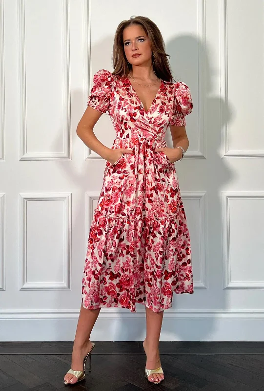 Girl In Mind Maya Floral Wrap Tiered Midi Dress, Pink Chic Off-Shoulder Midi Dress