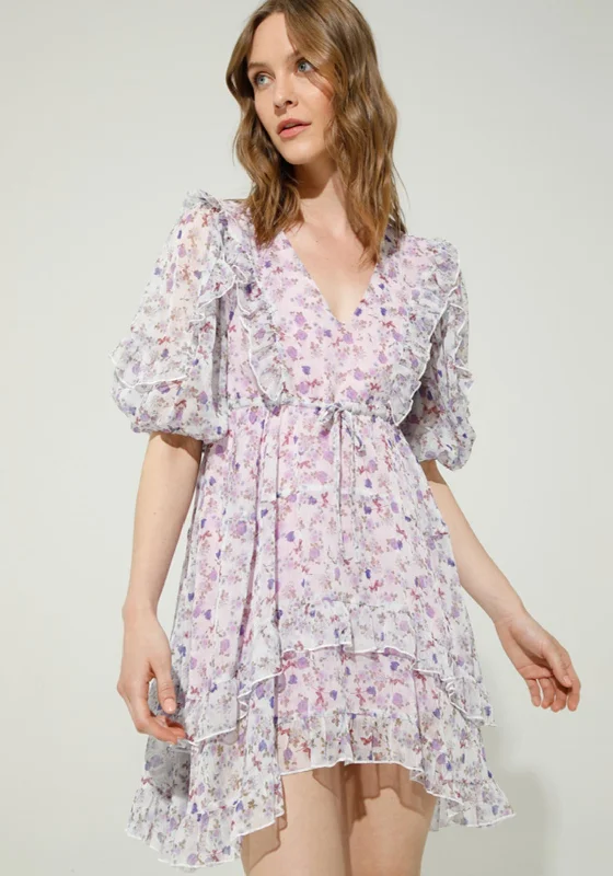 Goa Goa Floral Print Chiffon Mini Dress, Lilac Comfortable Boho Mini Dress