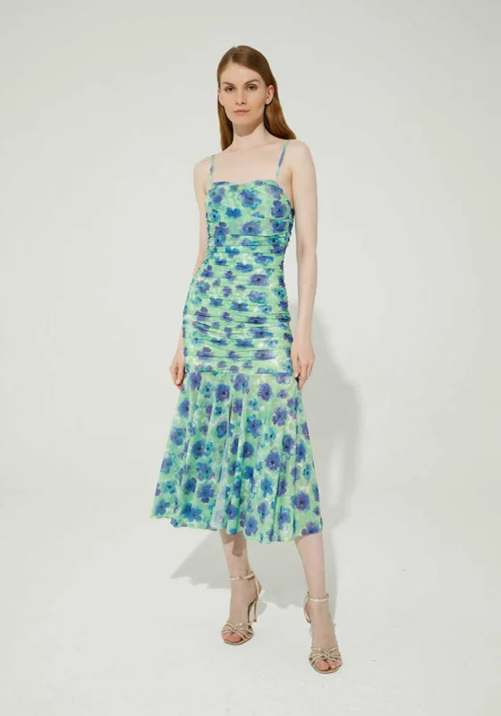 Goa Goa Frida Ruched Tulle Midi Dress, Green Stylish Color Block Midi Dress