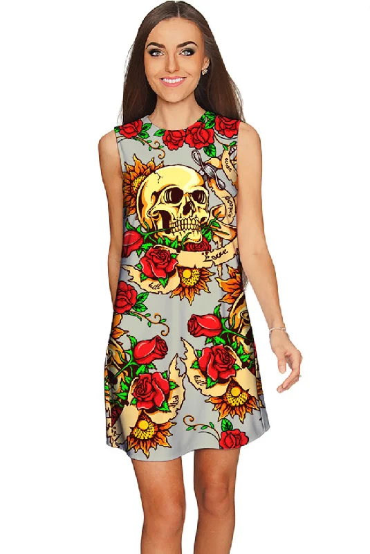 Hardy Gal Adele Beige Red Skull Rose Printed Shift Mini Dress - Women Trendy Lace Mini Dress