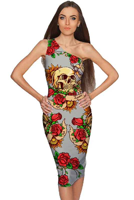 Hardy Gal Layla Beige Red Skull Rose Print Bodycon Midi Dress - Women Fashionable Pencil Midi Dress