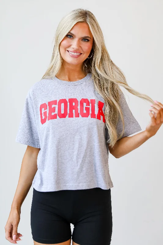 Heather Grey Georgia Cropped Tee Graphic T-Shirt Round Neck Polyester