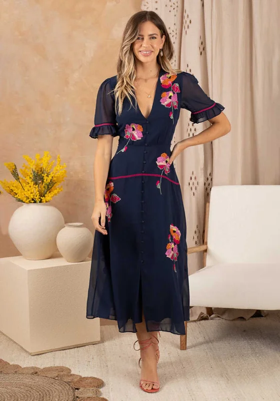 Hope & Ivy Niamh Embroidered Frill Sleeve Button Front Midi Dress, Navy Stylish Striped Midi Dress