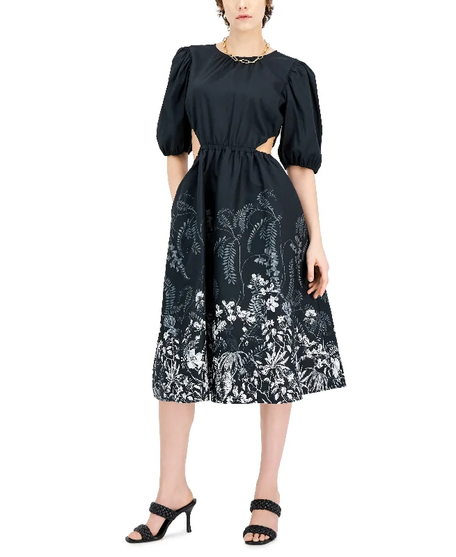 INC International Concepts Cotton Side Cutout Puff Sleeve Midi Dress Cozy A-Line Midi Dress