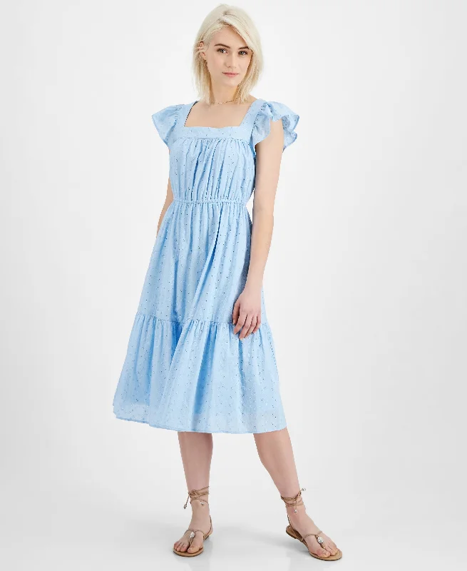 Jamie Layla Petite Eyelet Flutter Sleeve Tiered Midi Dress Cozy A-Line Midi Dress