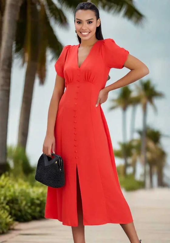 Natalia Collection V Neck Buttoned Midi Dress, Coral Fashionable Pencil Midi Dress