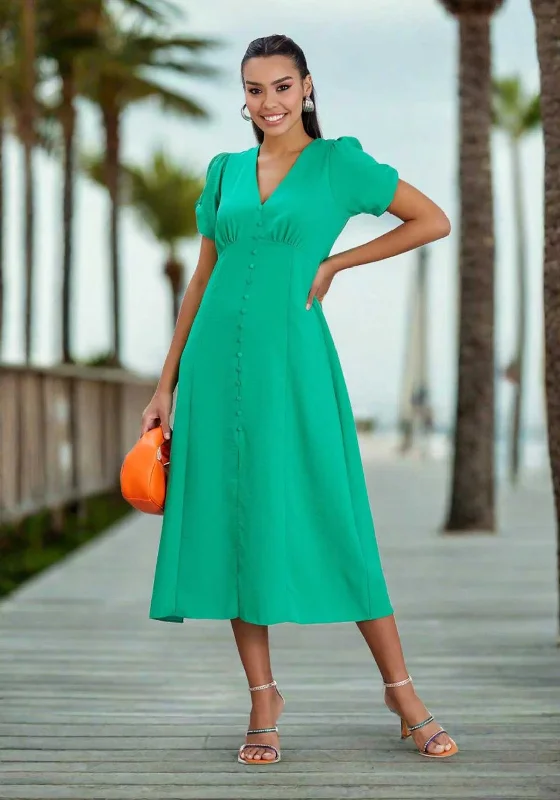 Natalia Collection V Neck Buttoned Midi Dress, Green Comfortable Stretch Midi Dress