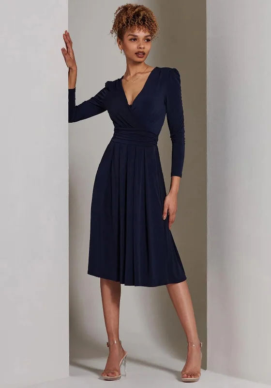 Jolie Moi Plain Long Sleeve Jersey Midi Dress, Navy Fashionable Sheer Sleeve Midi Dress