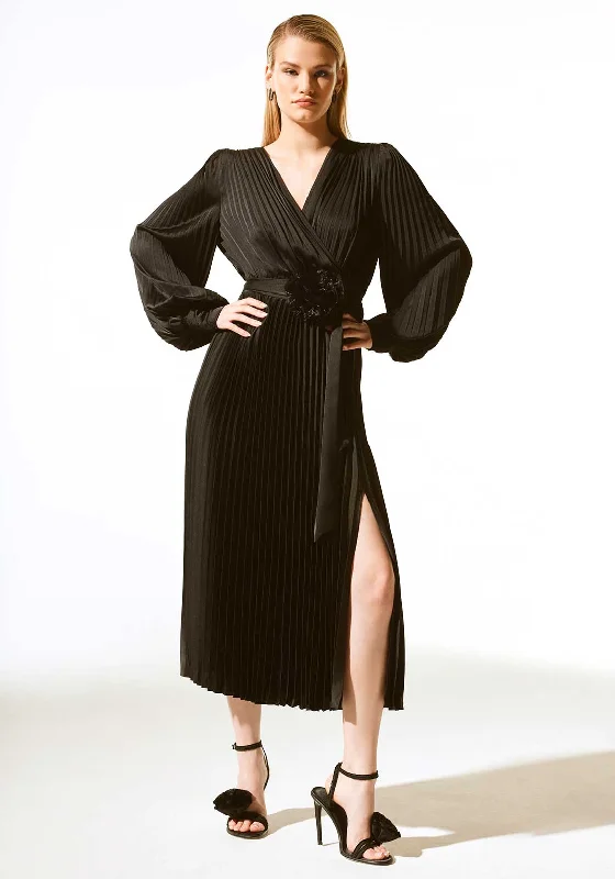 Joseph Ribkoff Pleated Wrap Midi Dress, Black Trendy Shift Midi Dress