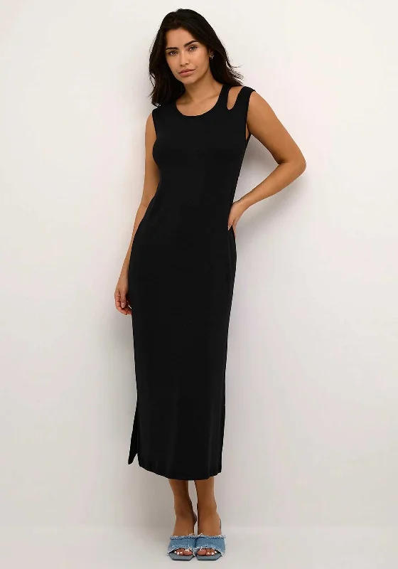 Kaffe Arka Cut Out Shoulder Midi Dress, Black Trendy Boho Midi Dress