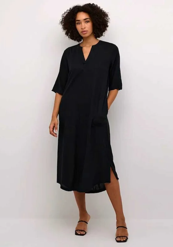 Kaffe Milia Kaftan Linen Blend Midi Dress, Black Comfortable Fit-and-Flare Midi Dress