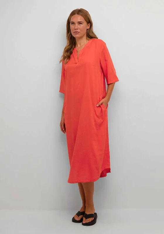 Kaffe Milia Kaftan Linen Blend Midi Dress, Cayenne Comfortable Fit-and-Flare Midi Dress