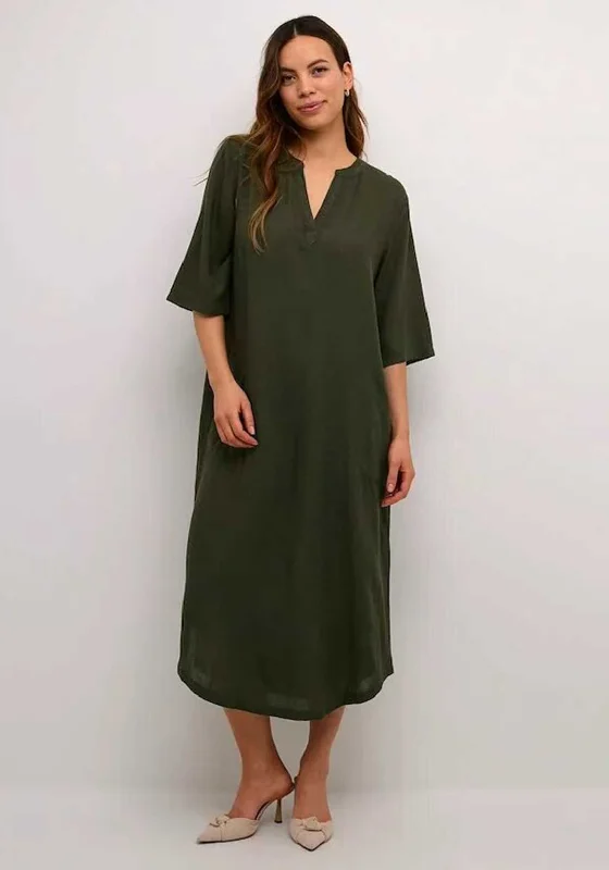 Kaffe Milia Kaftan Linen Blend Midi Dress, Forest Night Cozy Spaghetti Strap Midi Dress