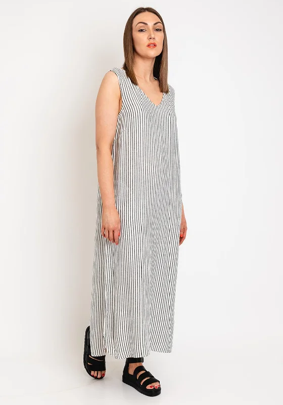 KAFFE Kamilla Striped Sleeveless Midi Dress, Chalk & Black Fashionable High-Neck Midi Dress