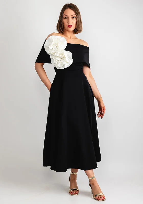 Kevan Jon Kyoto Bardot Corsage Flare Midi Dress, Black Elegant Faux Wrap Midi Dress