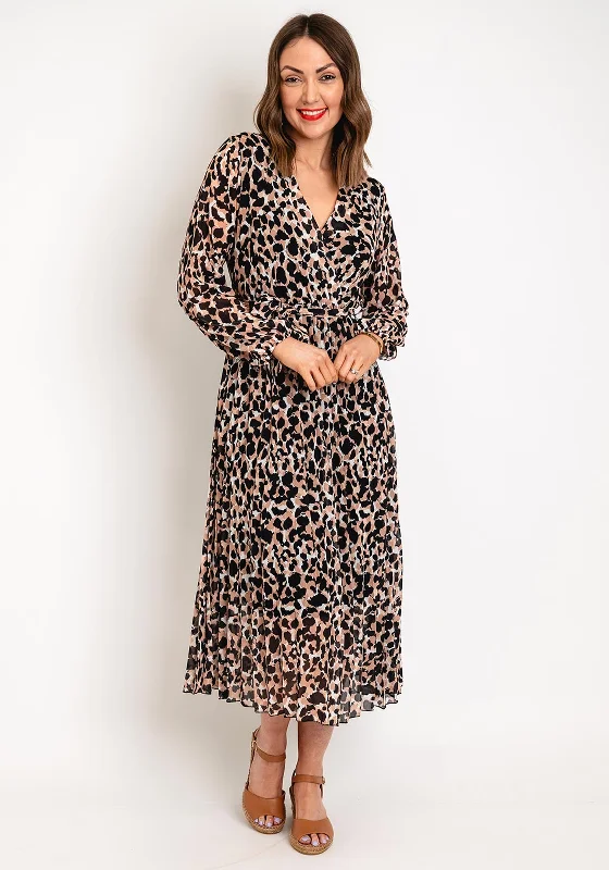 Serafina Collection One Size Leopard Print Pleated Midi Dress, Brown Stylish Animal Print Midi Dress