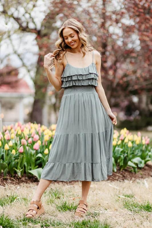 Rokoko Layered Ruffle Tiered Smocked Midi Dress for Women in Green | R602219-SAG Elegant Floral Skirt Midi Dress