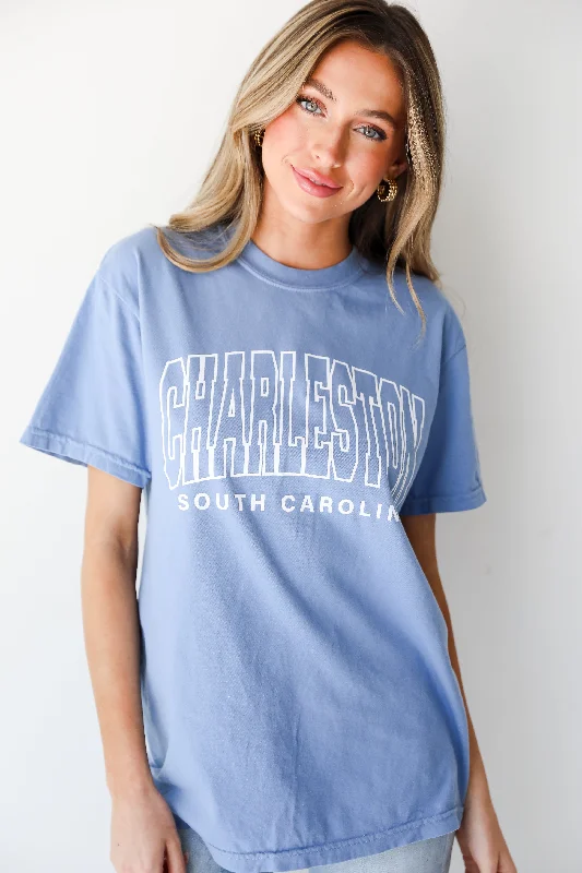 Light Blue Charleston South Carolina Block Letter Tee Ribbed T-Shirt High Neck Heavyweight