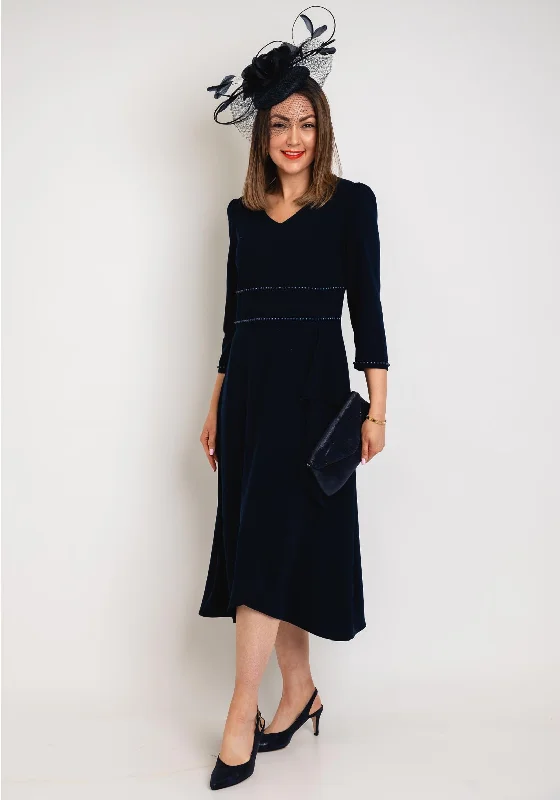 Lizabella Pearl Embellished Aline Midi Dress, Navy Stylish Button-Up Midi Dress