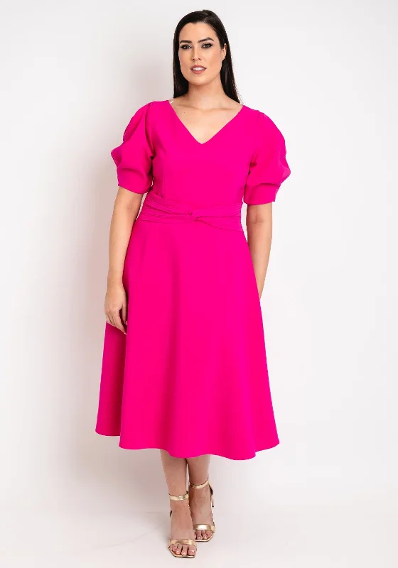 Lizabella Knot Waist V Neck Midi Dress, Hot Pink Elegant Pleated Detail Midi Dress