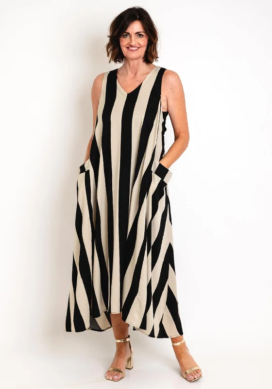 Natalia Collection One Size Flowy Striped Midi Dress, Black Comfortable Fit-and-Flare Midi Dress