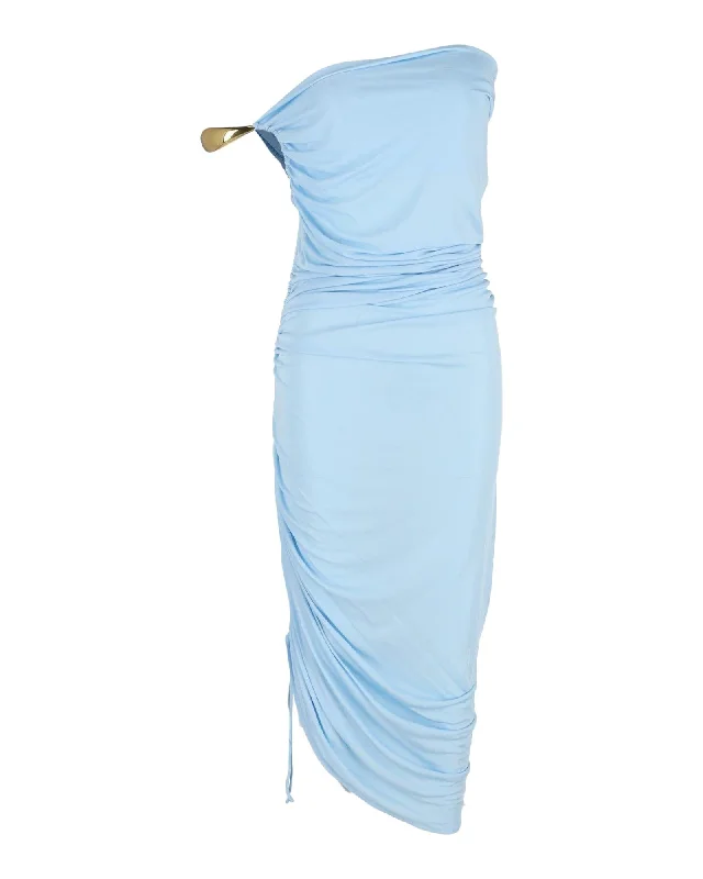 One-Shoulder Gathered Midi Dress in Light Blue Viscose Elegant Pleated Detail Midi Dress