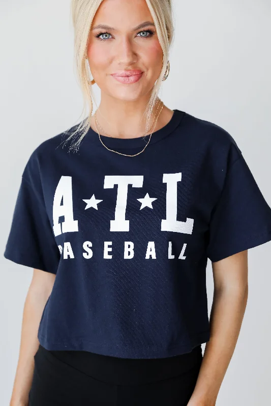 Navy ATL Baseball Star Cropped Tee Chenille Blend Fleece Blend Nylon Blend