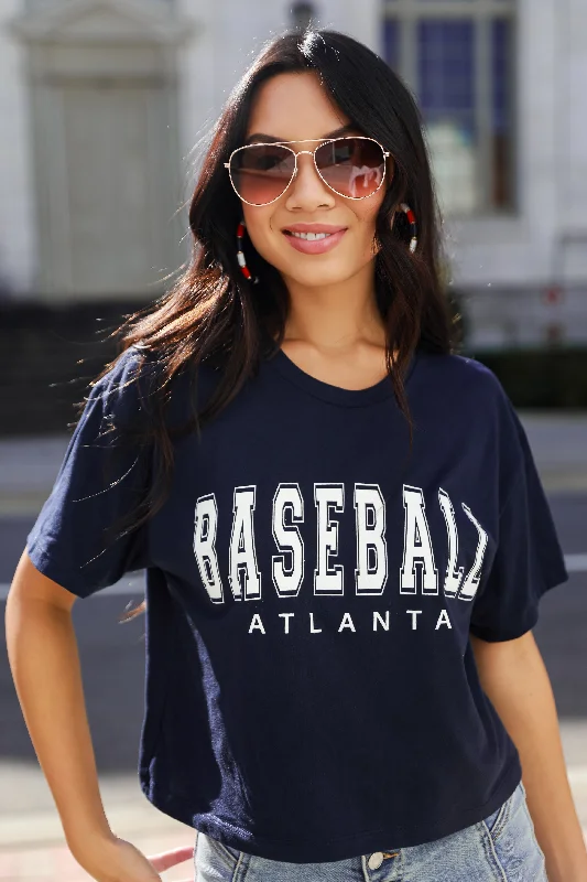 Navy Atlanta Baseball Cropped Tee Welt Pockets Slit Pockets