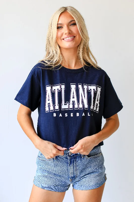 Navy Atlanta Baseball Cropped Tee Print Jacquard Patchwork