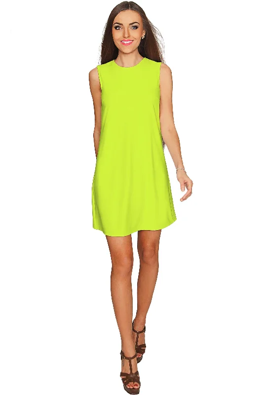 Neon Yellow Lime Green Sleeveless Shift Mini Dress - Women Casual V-Neck Mini Dress