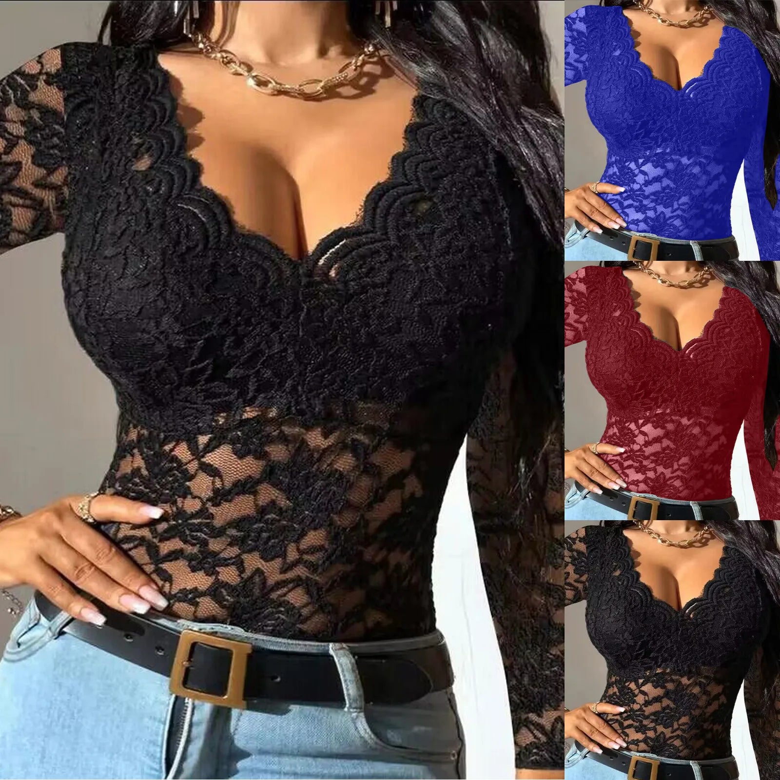 New Women Slim Tunic Lace V Neck T-shirt Elegant Summer Long Sleeve Flower Embroidery See-through Shirt Tops Blouse Chenille Blend Fleece Blend Nylon Blend