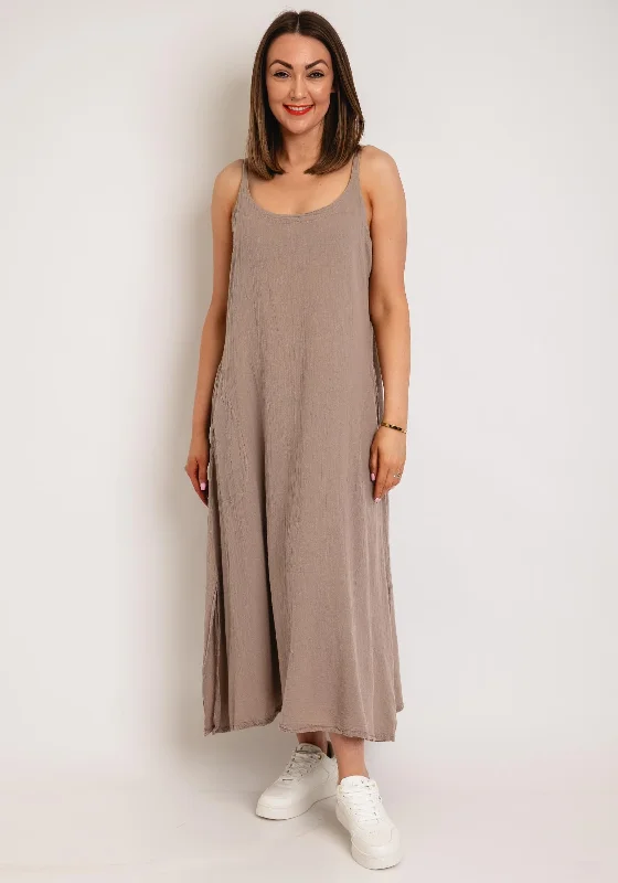 One Life Fiji Cotton Aline Midi Dress, Taupe Comfortable Ruched Midi Dress