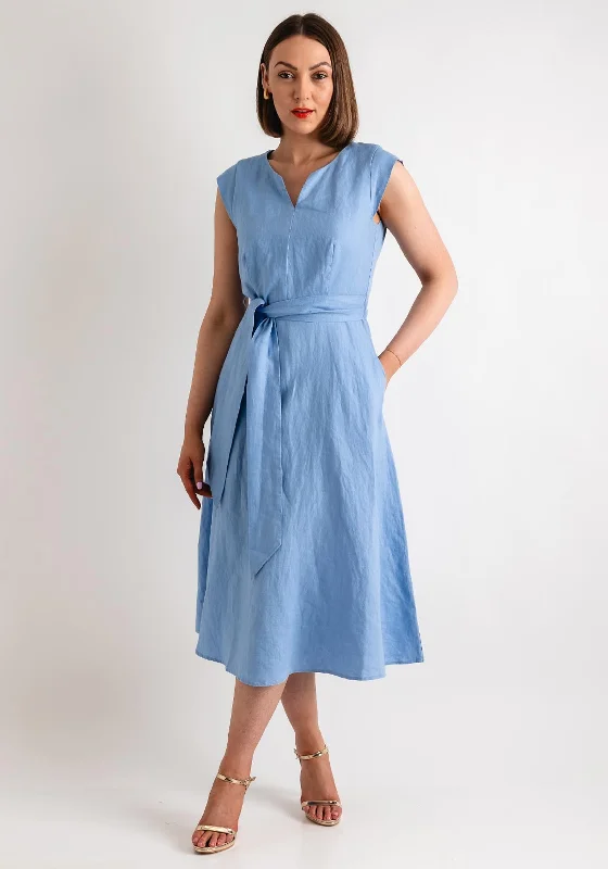 Oui Linen Cotton Fit and Flare Midi Dress, Light Blue Comfortable Short Sleeve Midi Dress