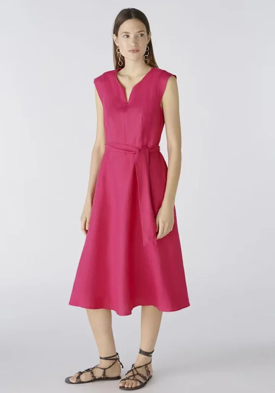 Oui Linen Cotton Fit and Flare Midi Dress, Pink Comfortable Casual Midi Dress