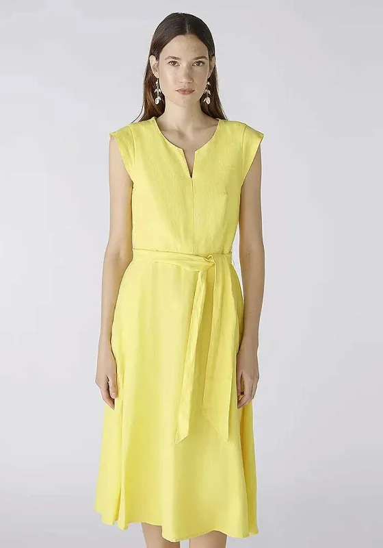 Oui Linen Cotton Fit and Flare Midi Dress, Yellow Stylish Cold Shoulder Midi Dress