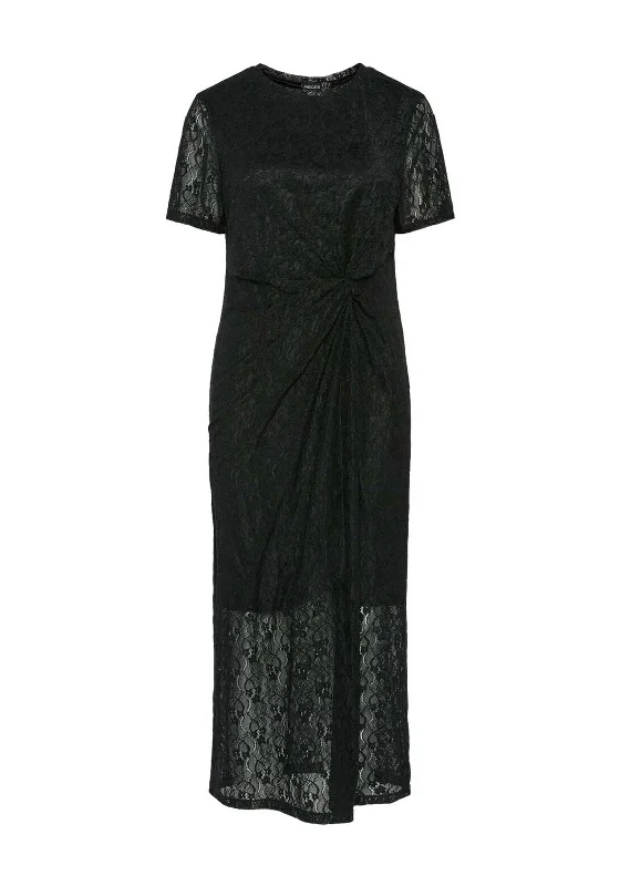 Pieces Pandora Lace Ruched Midi Dress, Black Elegant Maxi-Midi Hybrid Dress