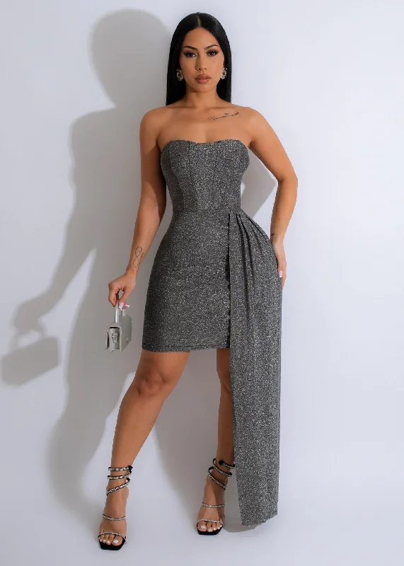 Petite Dramatic Metallic Mini Dress Silver Elegant Mini Dress with Ruffles