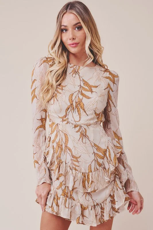 Printed Ruffle Long-Sleeved Tiered Mini Dress Fashionable Lace Mini Dress