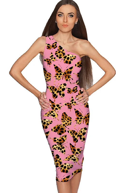 Quaintrelle Layla Pink Butterfly Print Chic Bodycon Midi Dress - Women Trendy Square Neck Midi Dress