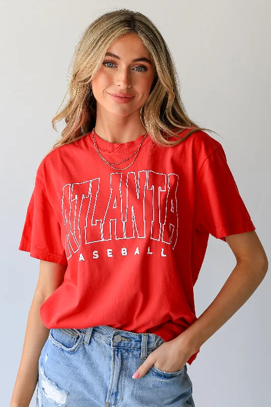 Red Atlanta Baseball Block Letter Tee Print Jacquard Patchwork