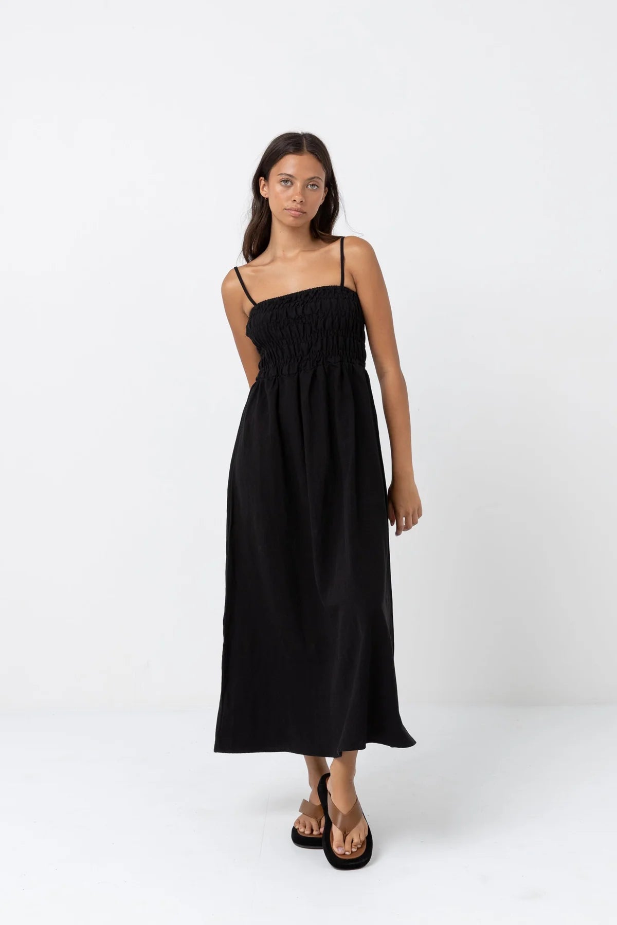 RHYTHM CLASSIC SHIRRED MIDI DRESS - BLACK Fashionable Pleated Midi Dress